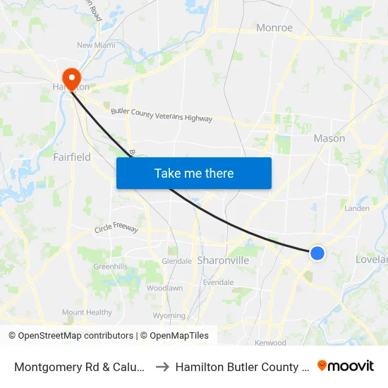 Montgomery Rd & Calumet Way to Hamilton Butler County OH USA map