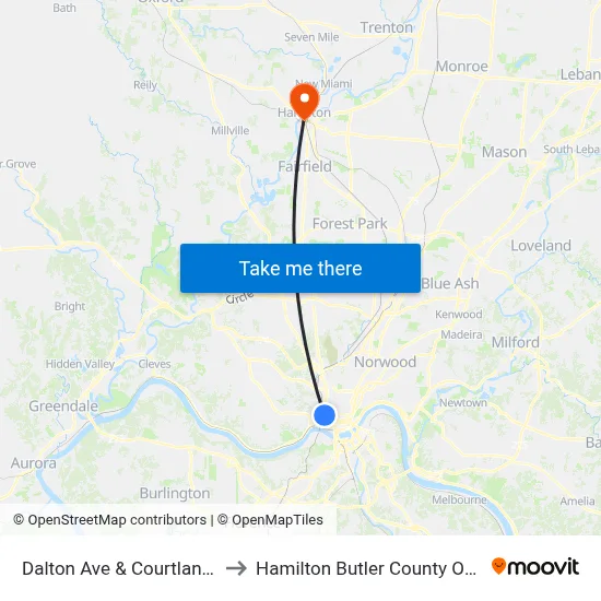 Dalton Ave & Courtland Ave to Hamilton Butler County OH USA map