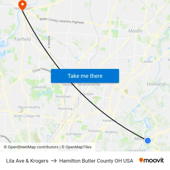 Lila Ave & Krogers to Hamilton Butler County OH USA map