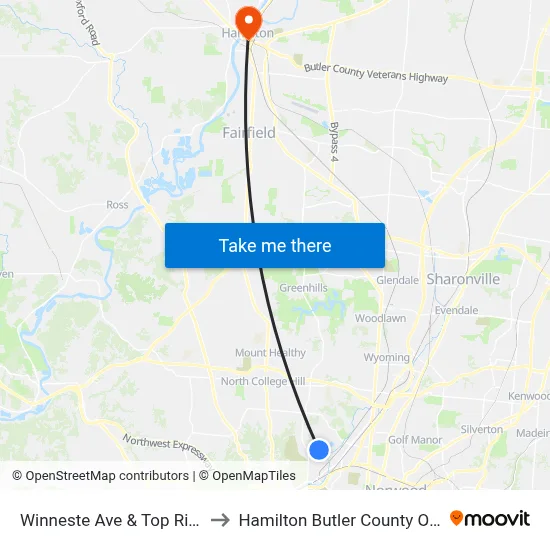 Winneste Ave & Top Ridge Pl to Hamilton Butler County OH USA map