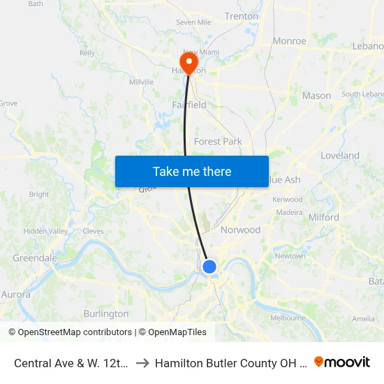 Central Ave & W. 12th St to Hamilton Butler County OH USA map