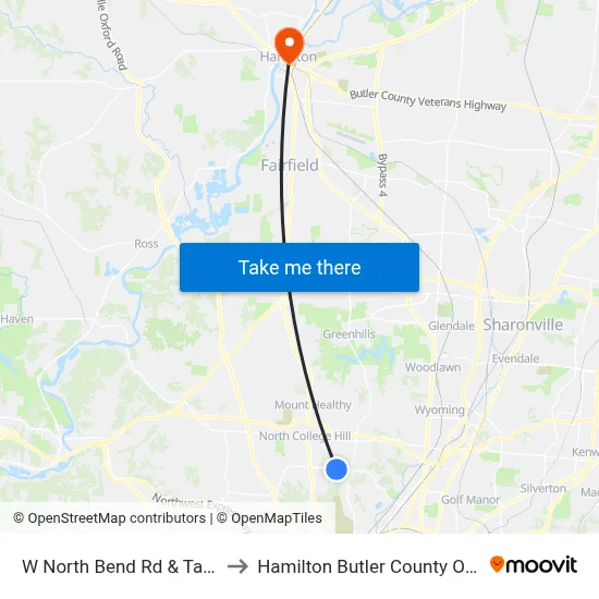 W North Bend Rd & Tahiti Dr to Hamilton Butler County OH USA map