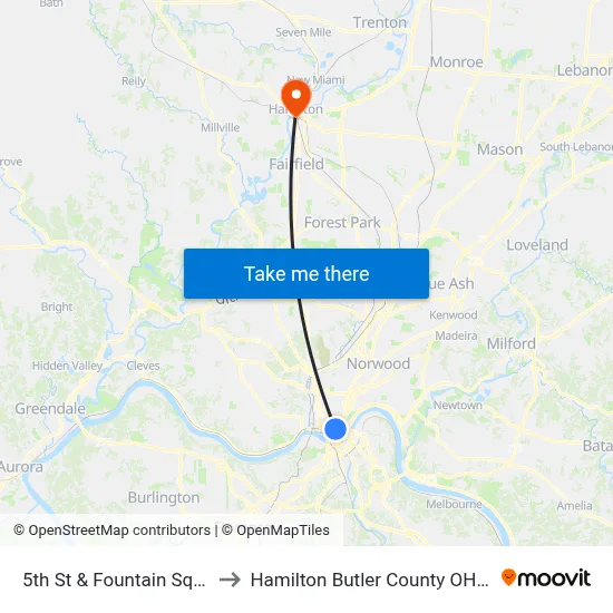 5th St & Fountain Square to Hamilton Butler County OH USA map