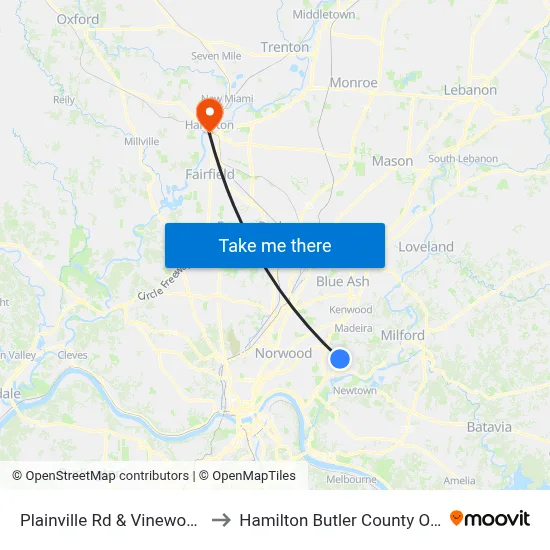 Plainville Rd & Vinewood Ave to Hamilton Butler County OH USA map