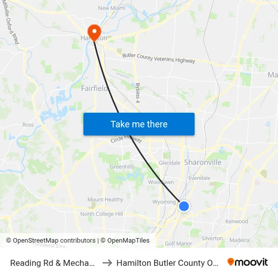 Reading Rd & Mechanic St to Hamilton Butler County OH USA map