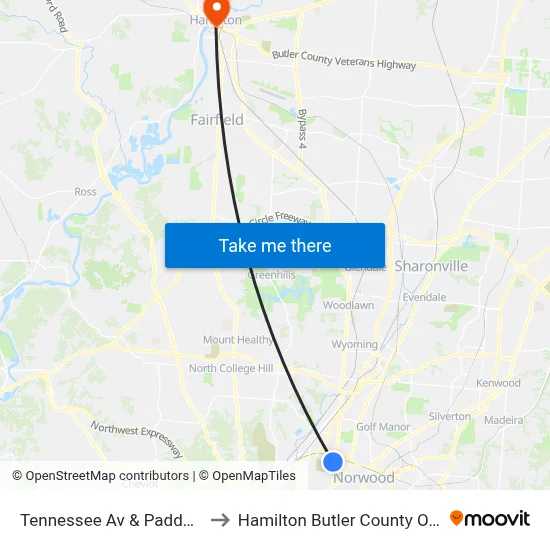 Tennessee Av & Paddock Rd to Hamilton Butler County OH USA map