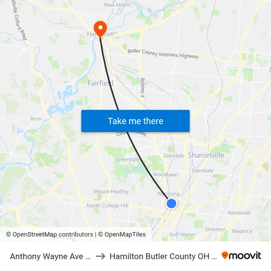 Anthony Wayne Ave 390 to Hamilton Butler County OH USA map