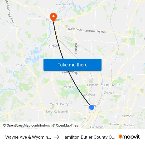 Wayne Ave & Wyoming Ave to Hamilton Butler County OH USA map