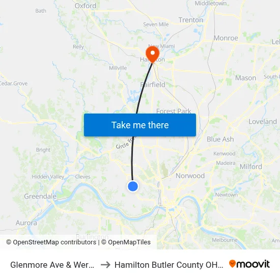 Glenmore Ave & Werk Rd to Hamilton Butler County OH USA map