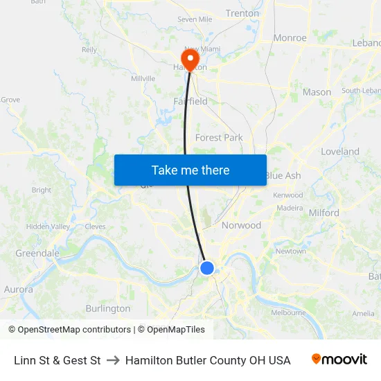 Linn St & Gest St to Hamilton Butler County OH USA map