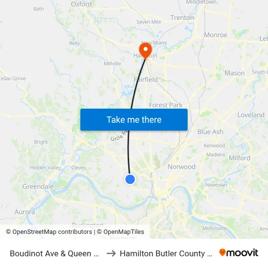 Boudinot Ave & Queen City Ave to Hamilton Butler County OH USA map