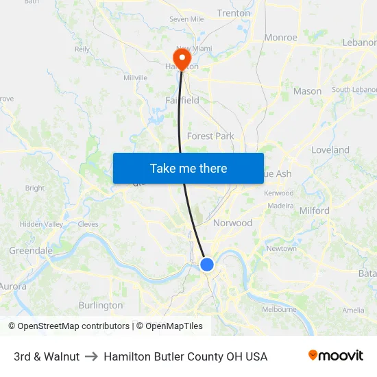 3rd & Walnut to Hamilton Butler County OH USA map