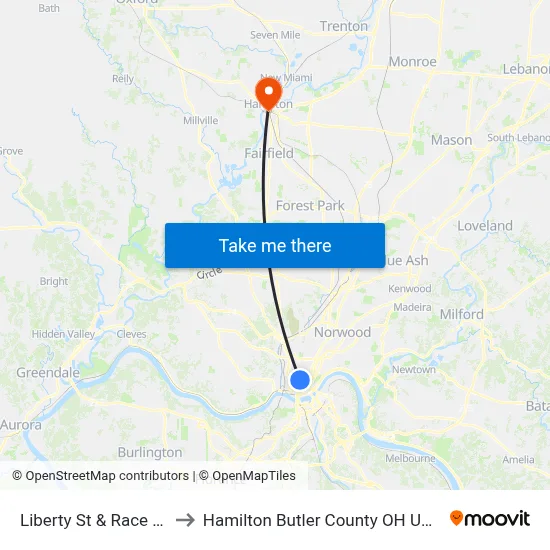 Liberty St & Race St to Hamilton Butler County OH USA map