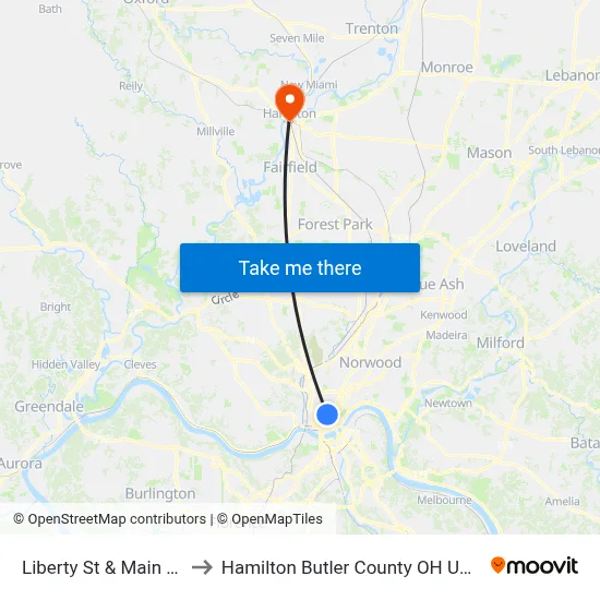 Liberty St & Main St to Hamilton Butler County OH USA map