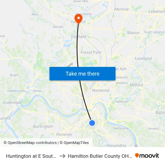 Huntington at E Southern to Hamilton Butler County OH USA map