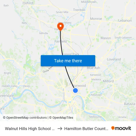 Walnut Hills High School - Jonathan to Hamilton Butler County OH USA map