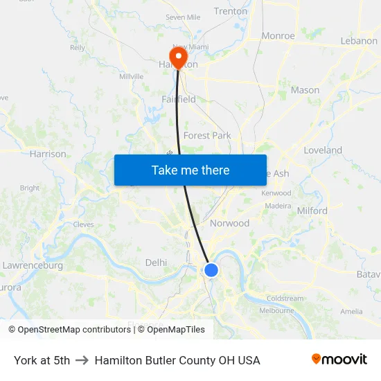 York at 5th to Hamilton Butler County OH USA map