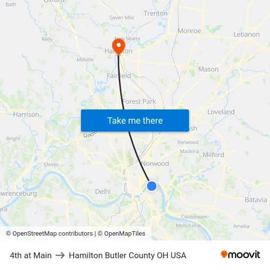 4th at Main to Hamilton Butler County OH USA map