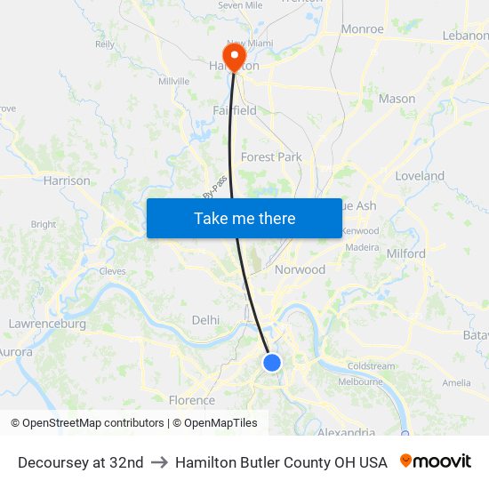 Decoursey at 32nd to Hamilton Butler County OH USA map