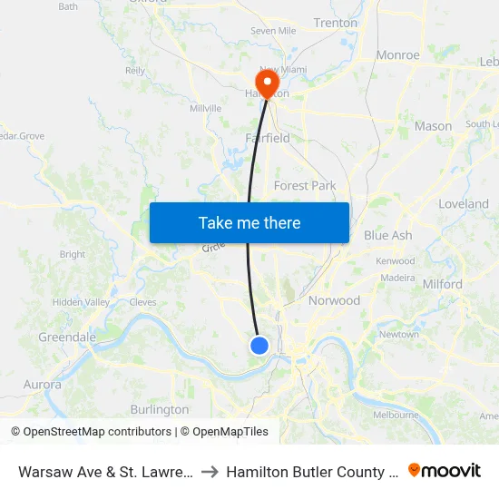 Warsaw Ave & St. Lawrence Ave to Hamilton Butler County OH USA map