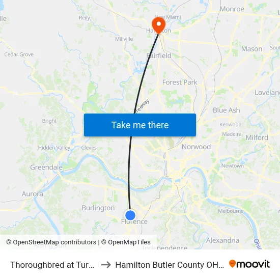 Thoroughbred at Turfway to Hamilton Butler County OH USA map