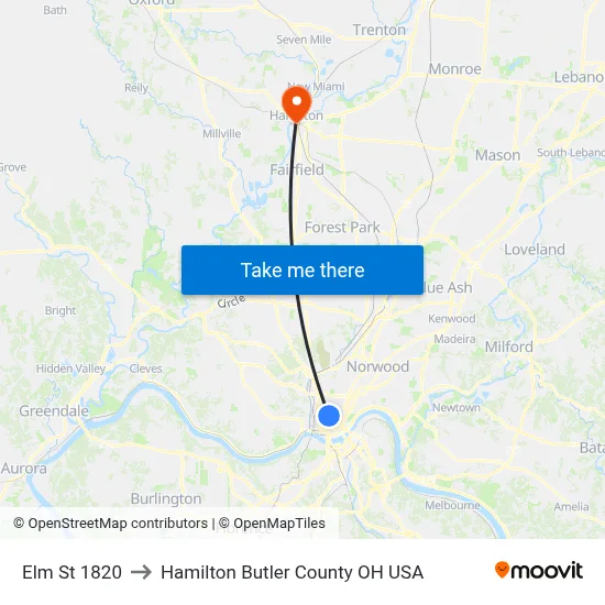 Elm St 1820 to Hamilton Butler County OH USA map