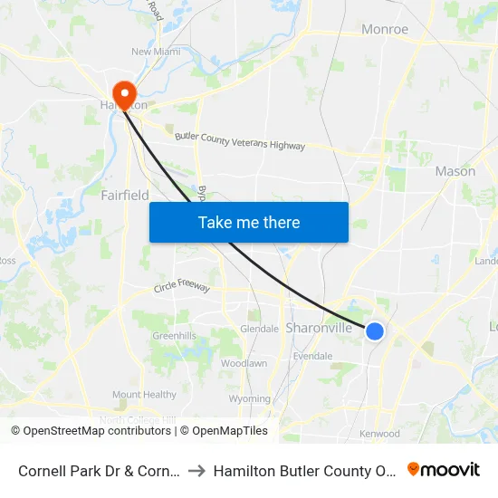 Cornell Park Dr & Cornell Rd to Hamilton Butler County OH USA map