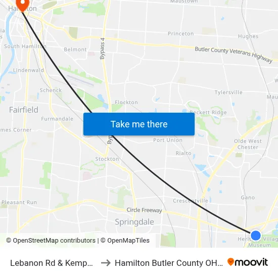 Lebanon Rd & Kemper Rd to Hamilton Butler County OH USA map
