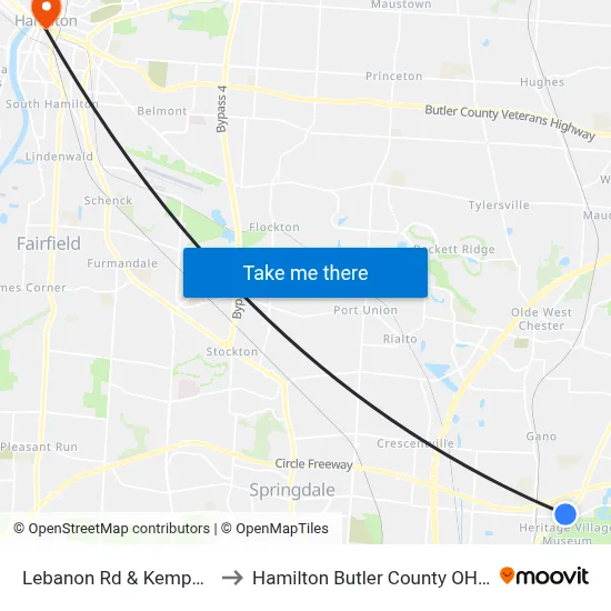 Lebanon Rd & Kemper Rd to Hamilton Butler County OH USA map