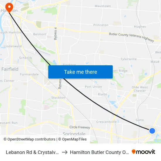 Lebanon Rd & Crystalview Ct to Hamilton Butler County OH USA map