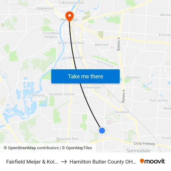 Fairfield Meijer & Kolb Dr to Hamilton Butler County OH USA map