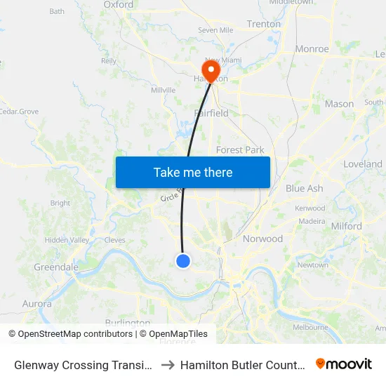 Glenway Crossing Transit Center D to Hamilton Butler County OH USA map