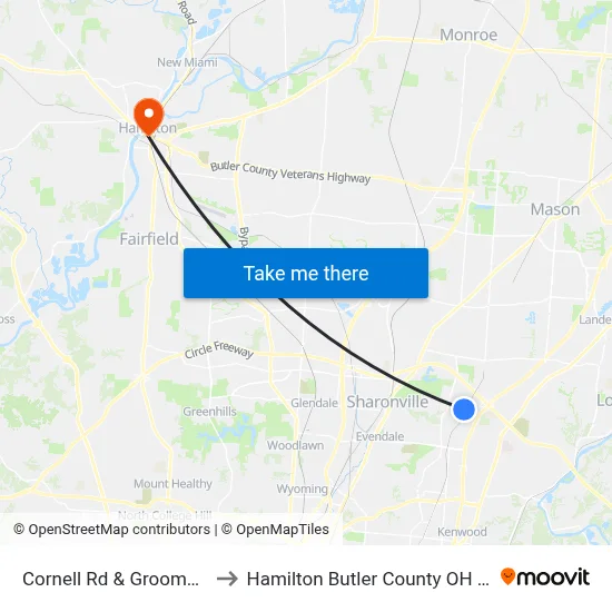 Cornell Rd & Grooms Rd to Hamilton Butler County OH USA map