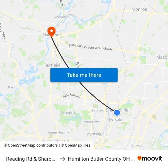 Reading Rd & Sharon Rd to Hamilton Butler County OH USA map