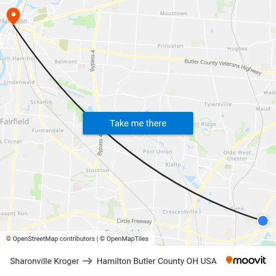 Sharonville Kroger to Hamilton Butler County OH USA map