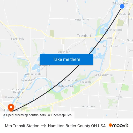 Mts Transit Station to Hamilton Butler County OH USA map
