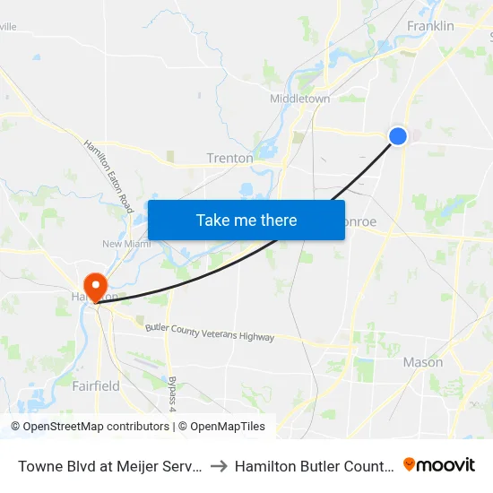 Towne Blvd at Meijer Service Station to Hamilton Butler County OH USA map