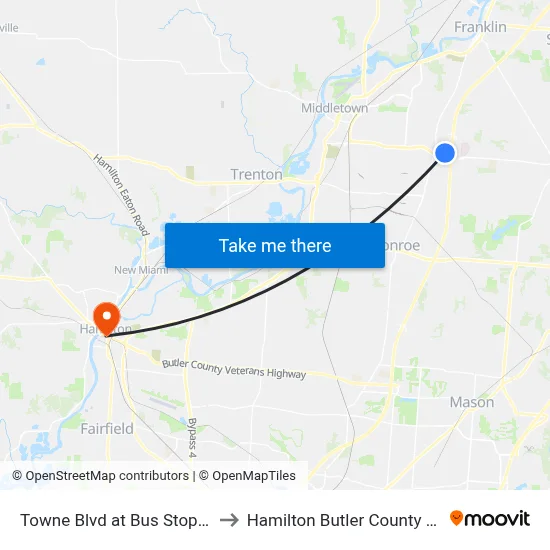 Towne Blvd at Bus Stop Shelter to Hamilton Butler County OH USA map