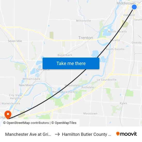 Manchester Ave at Grimes St to Hamilton Butler County OH USA map