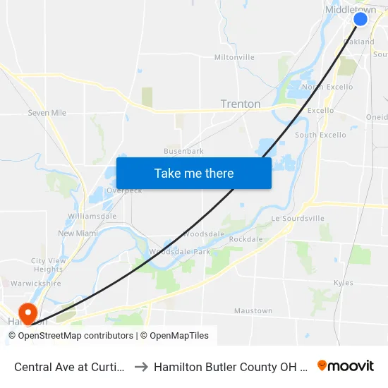 Central Ave at Curtis St to Hamilton Butler County OH USA map