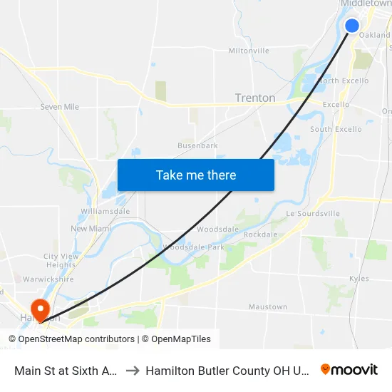 Main St at Sixth Ave to Hamilton Butler County OH USA map
