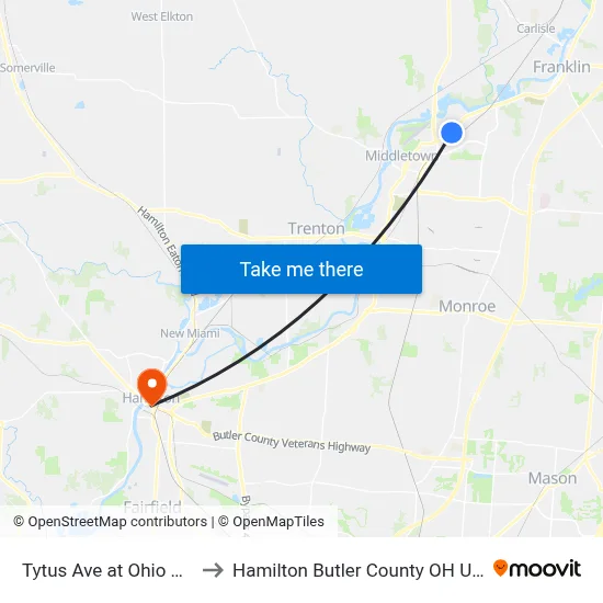 Tytus Ave at Ohio Ave to Hamilton Butler County OH USA map
