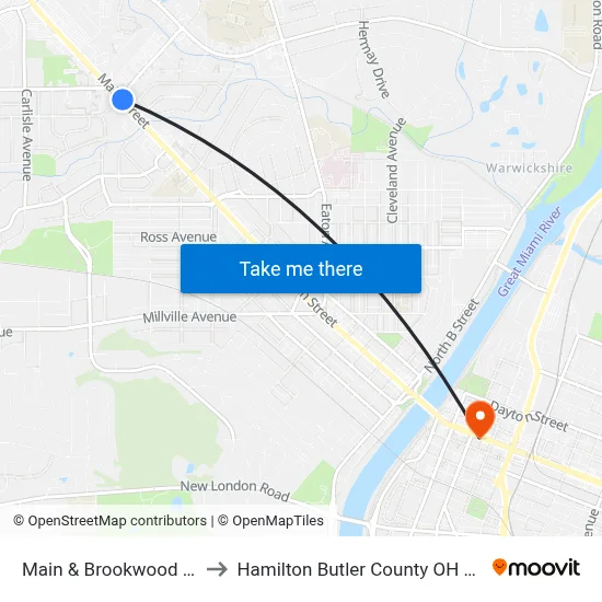 Main & Brookwood Wb to Hamilton Butler County OH USA map