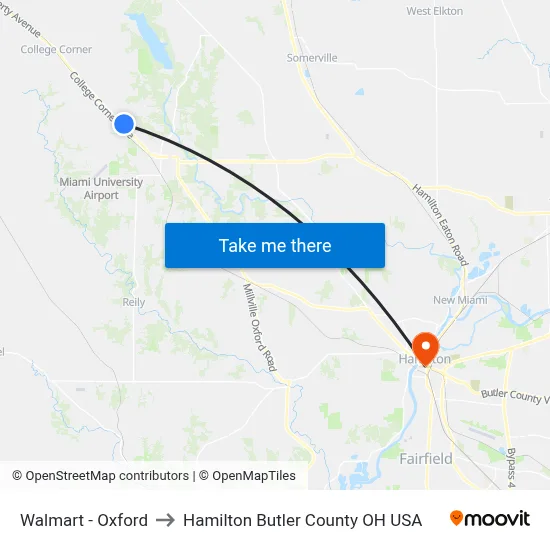 Walmart - Oxford to Hamilton Butler County OH USA map