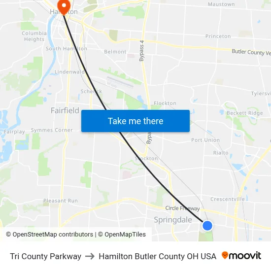 Tri County Parkway to Hamilton Butler County OH USA map