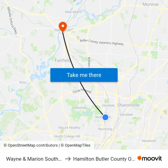 Wayne & Marion Southbound to Hamilton Butler County OH USA map