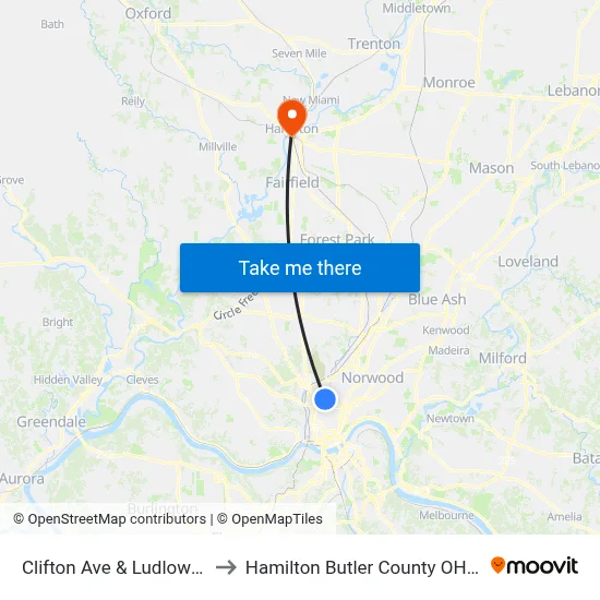 Clifton Ave & Ludlow Ave to Hamilton Butler County OH USA map