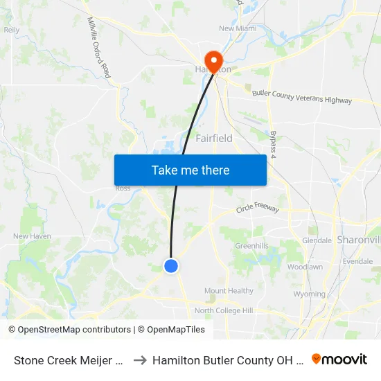 Stone Creek Meijer P&R to Hamilton Butler County OH USA map