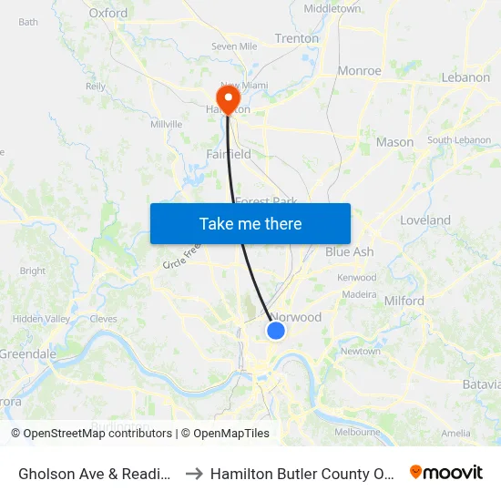 Gholson Ave & Reading Rd to Hamilton Butler County OH USA map