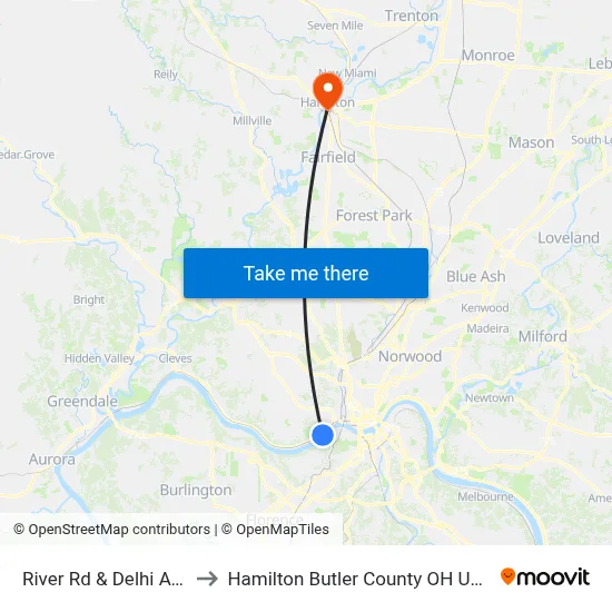 River Rd & Delhi Ave to Hamilton Butler County OH USA map